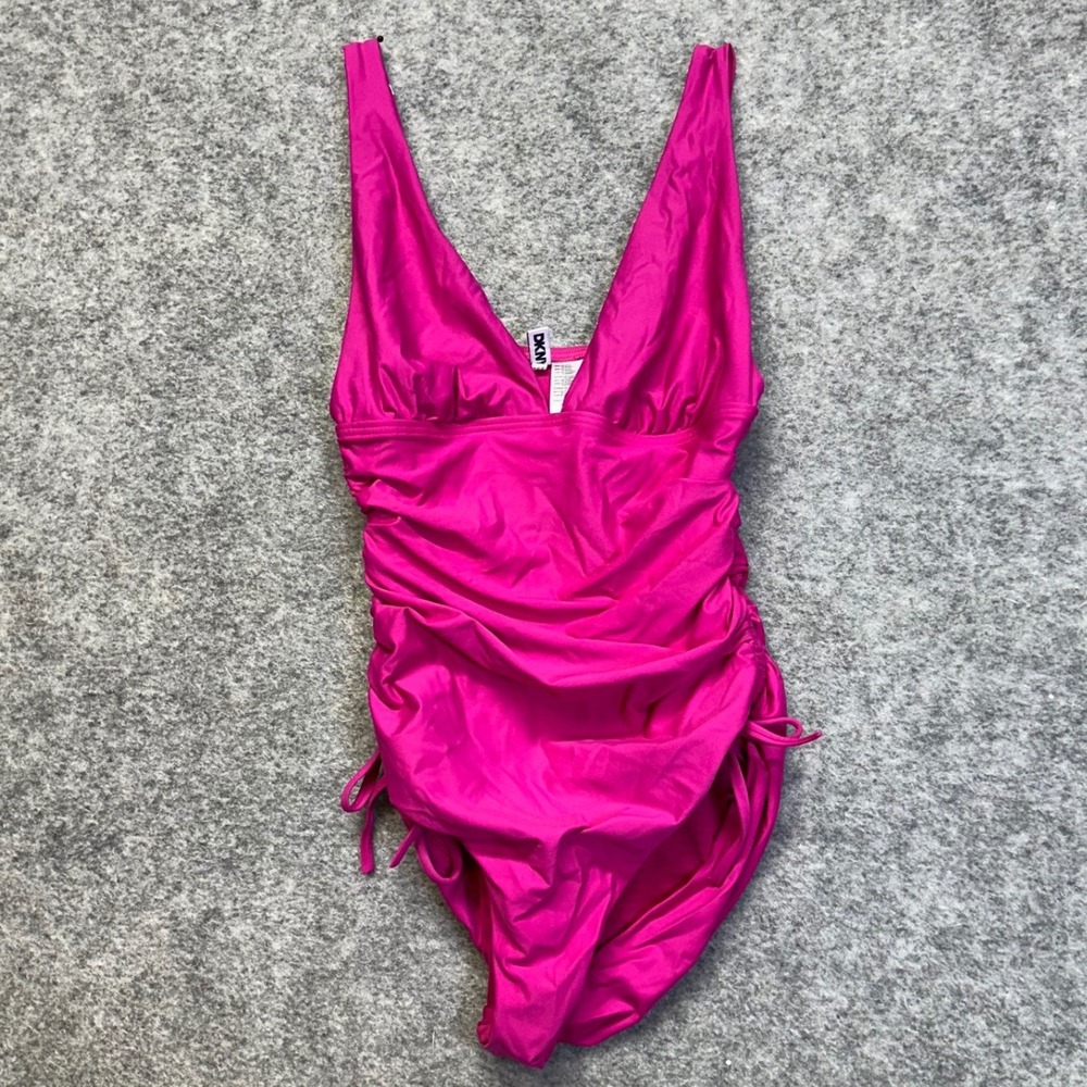 DKNY One Piece Swimsuit Womens Medium Pink Fuchsia Ruched V-Neck Tummy Shaping